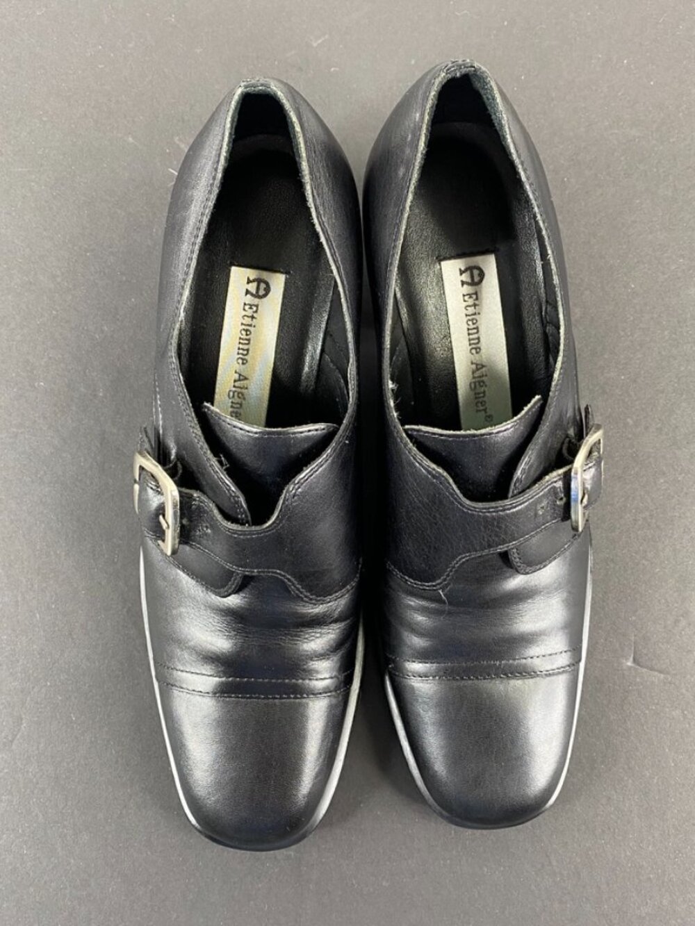 Etienne Aigner Black Buckle Block Heel Y2K Booties Shoes 6M - Picture 2 of 8